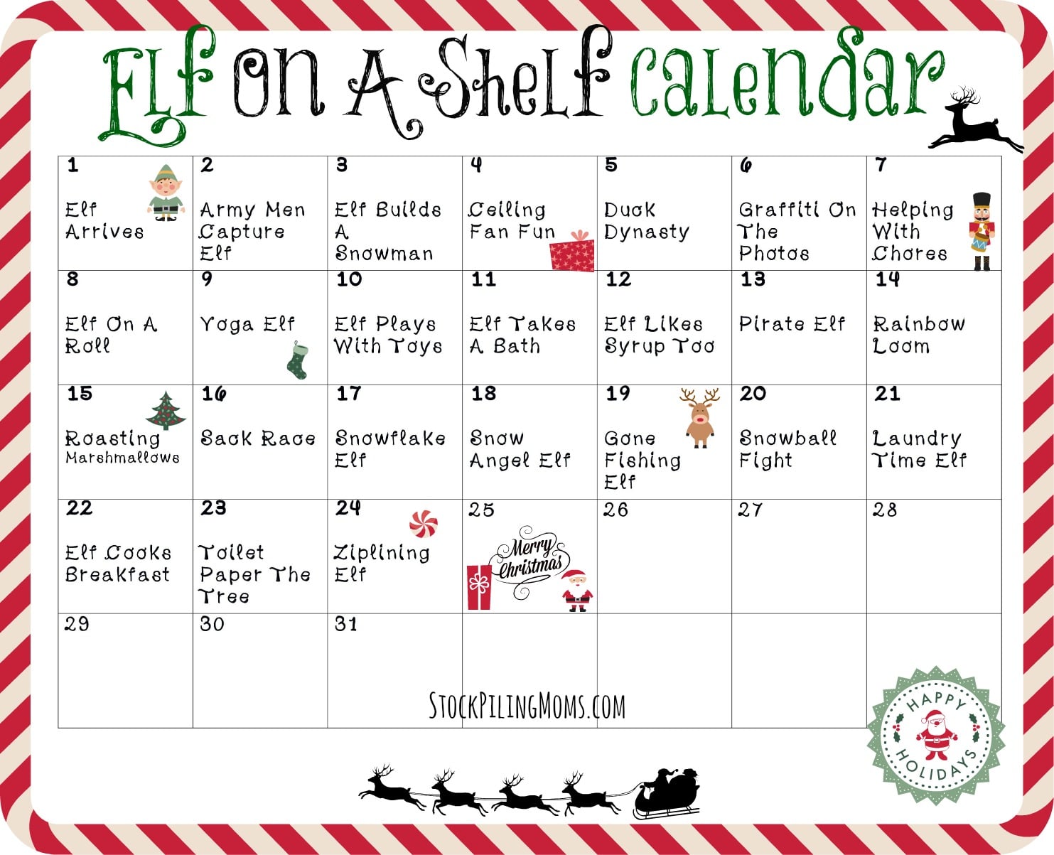 elf on a shelf calendar printable - stockpiling moms™